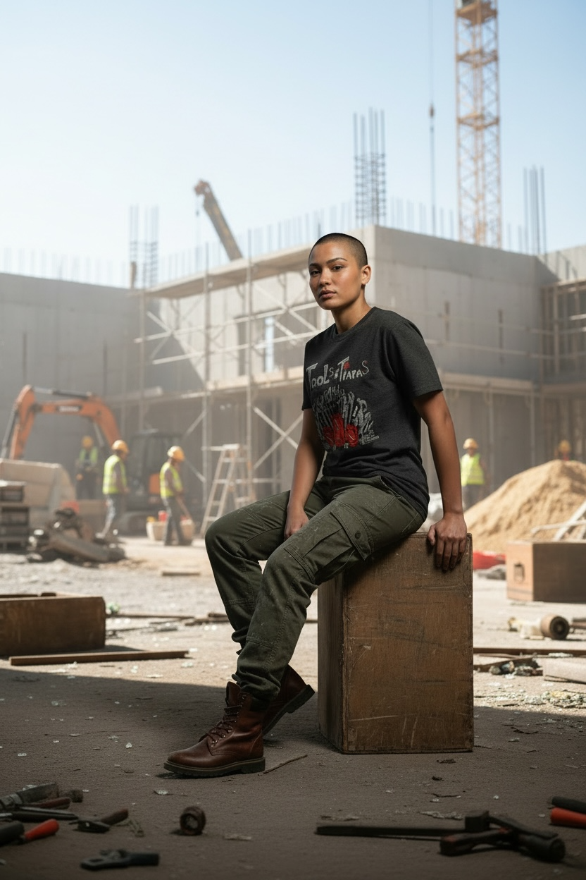 Person sitting on a box in a construction site with cranes and workers in the background